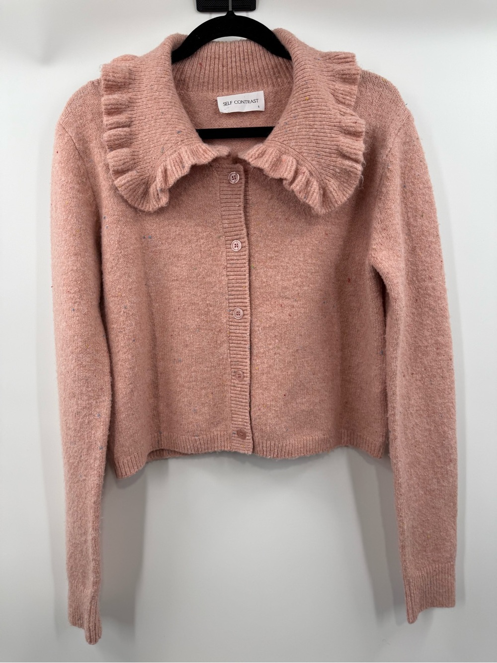 Anthropologie Self-Contrast Ainsley Ruffle-Collar Cardigan Speckled Pink Size S